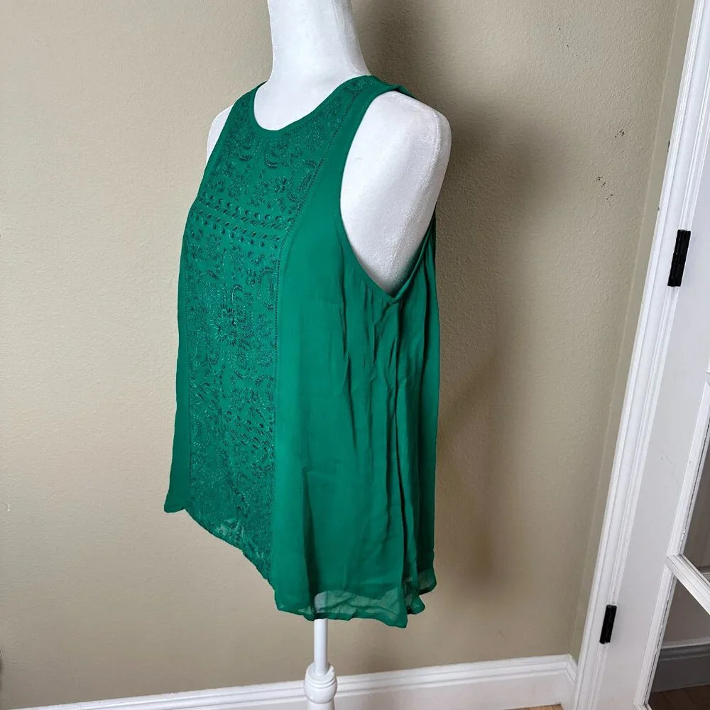 LUCKY BRAND Embroidered Detail Bright Green Tank Top Lined Blouse - Size Medium - Picture 4 of 9